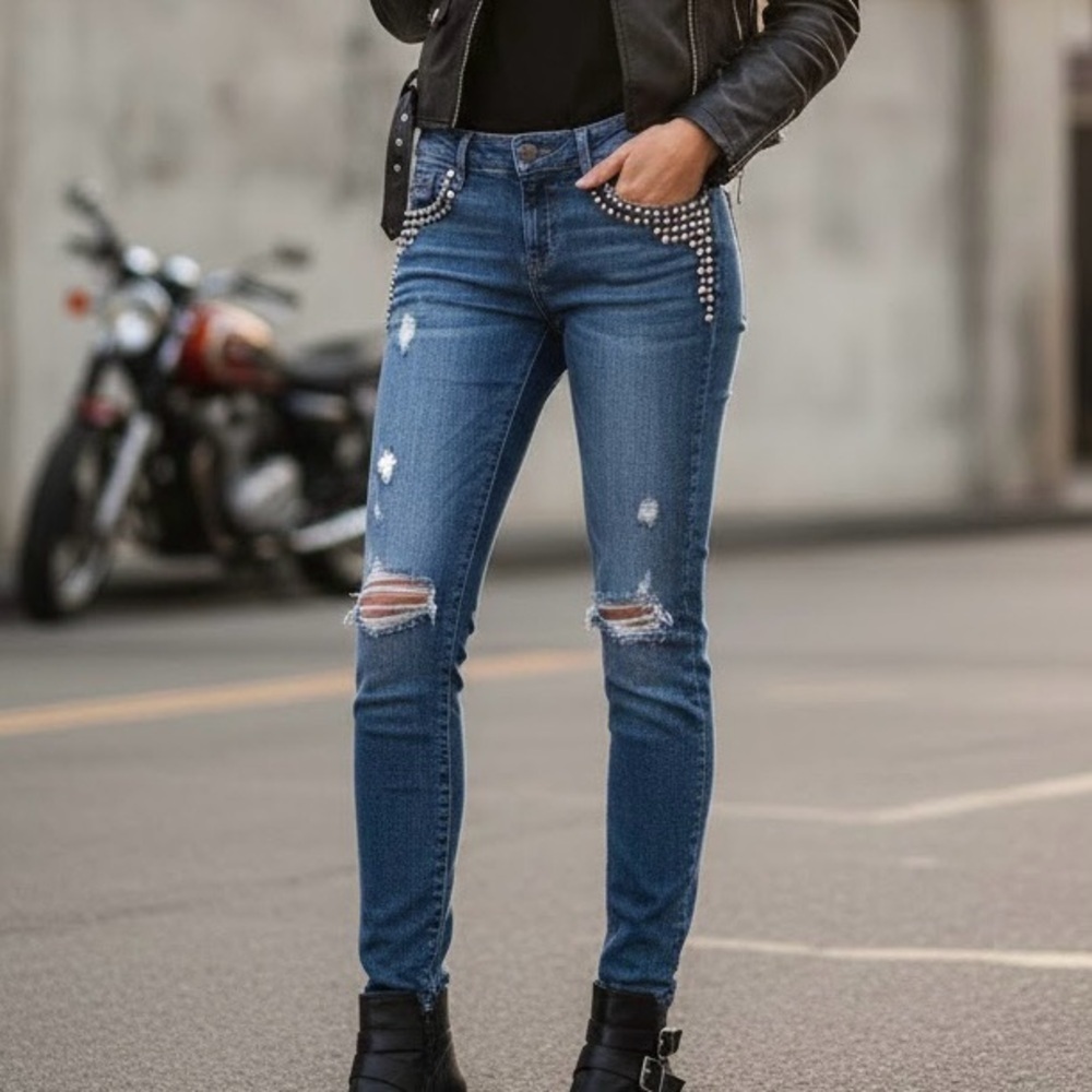 Guess Distressed Skinny Denim Stud Beaded Embellished Moto Jeans Y2K Rocker